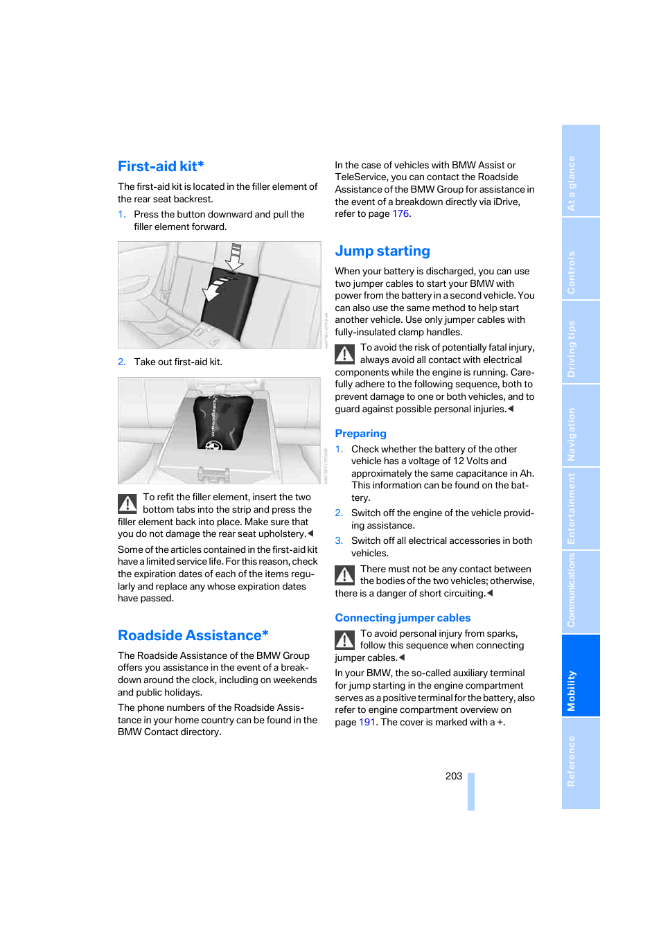 First-aid kit, Roadside assistance, Jump starting | BMW 650i Coupe 2006 User Manual | Page 204 / 236