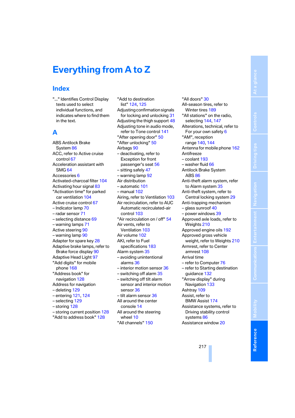 Everything from a to z, Index | BMW 650i Coupe 2006 User Manual | Page 218 / 236