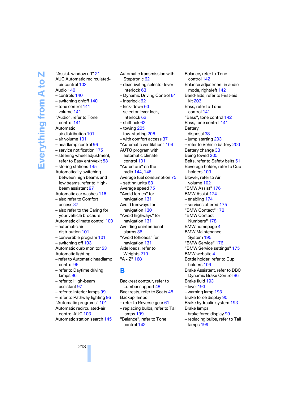 Everything from a to z | BMW 650i Coupe 2006 User Manual | Page 219 / 236