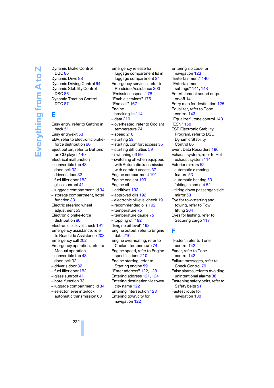 Everything from a to z | BMW 650i Coupe 2006 User Manual | Page 223 / 236