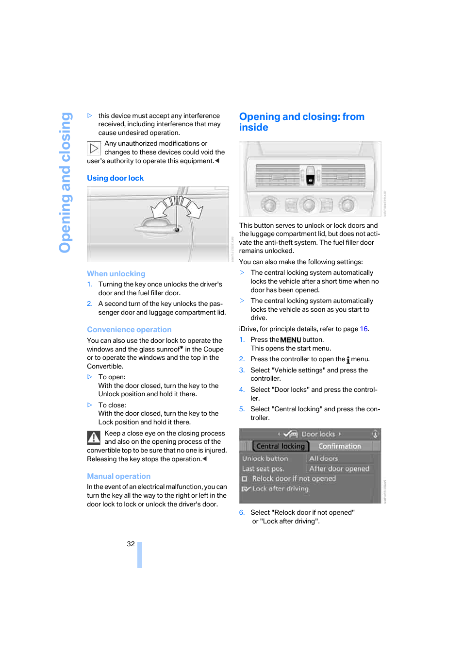 Opening and closing: from inside, Opening and closing | BMW 650i Coupe 2006 User Manual | Page 33 / 236