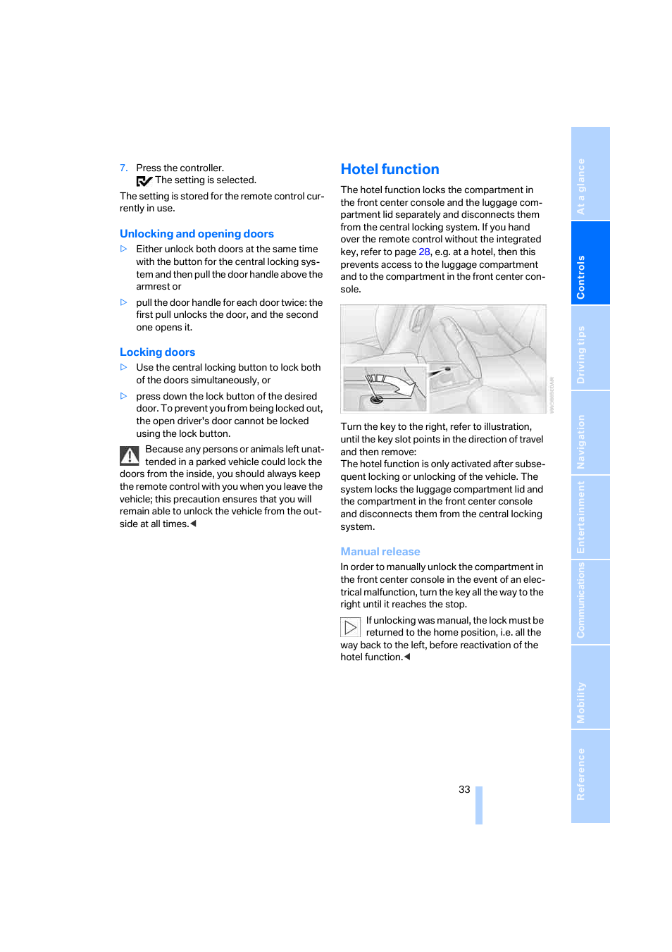 Hotel function | BMW 650i Coupe 2006 User Manual | Page 34 / 236