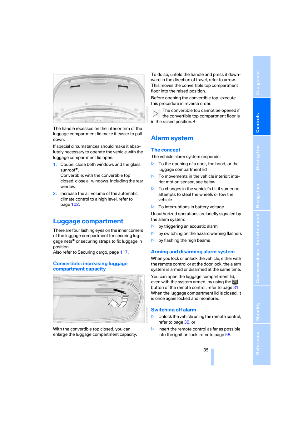 Luggage compartment, Alarm system | BMW 650i Coupe 2006 User Manual | Page 36 / 236