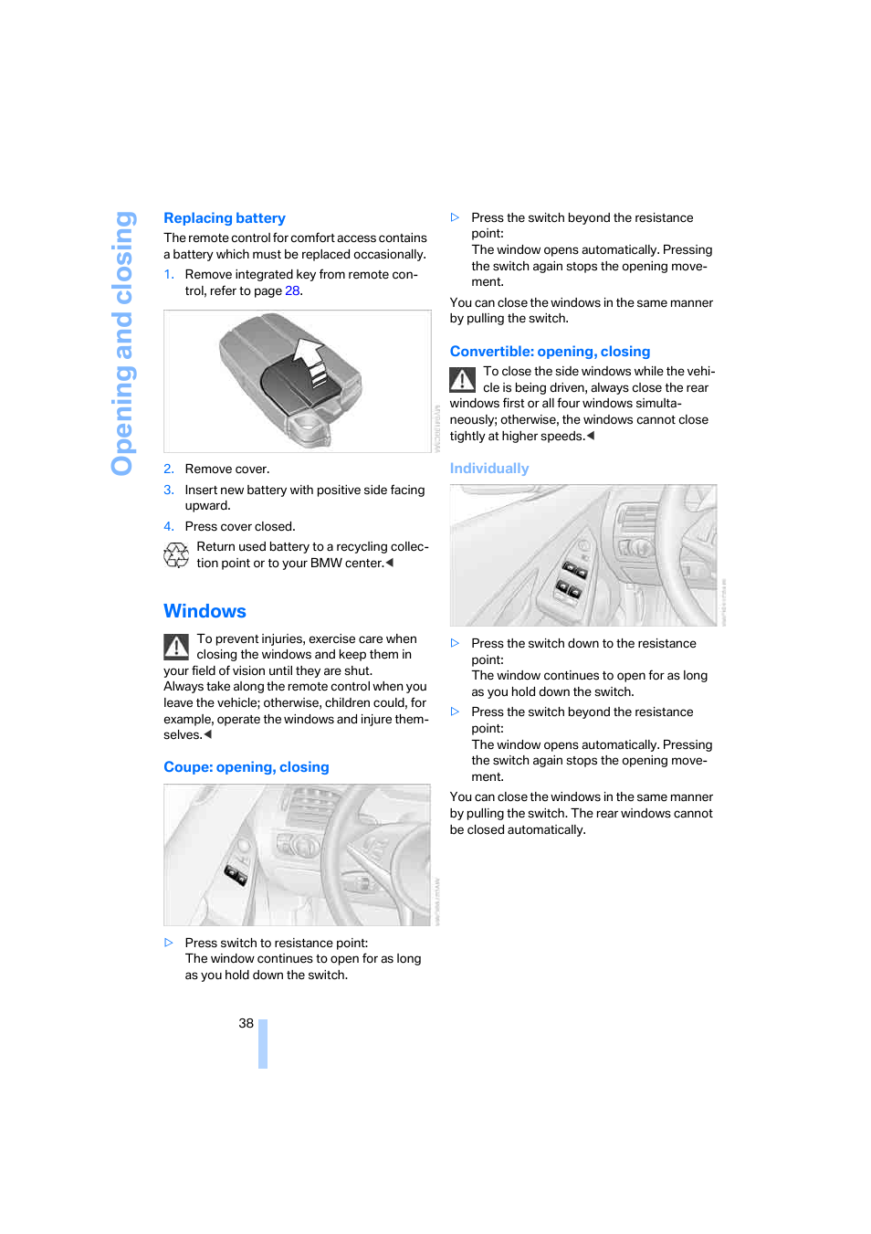 Windows, Opening and closing | BMW 650i Coupe 2006 User Manual | Page 39 / 236