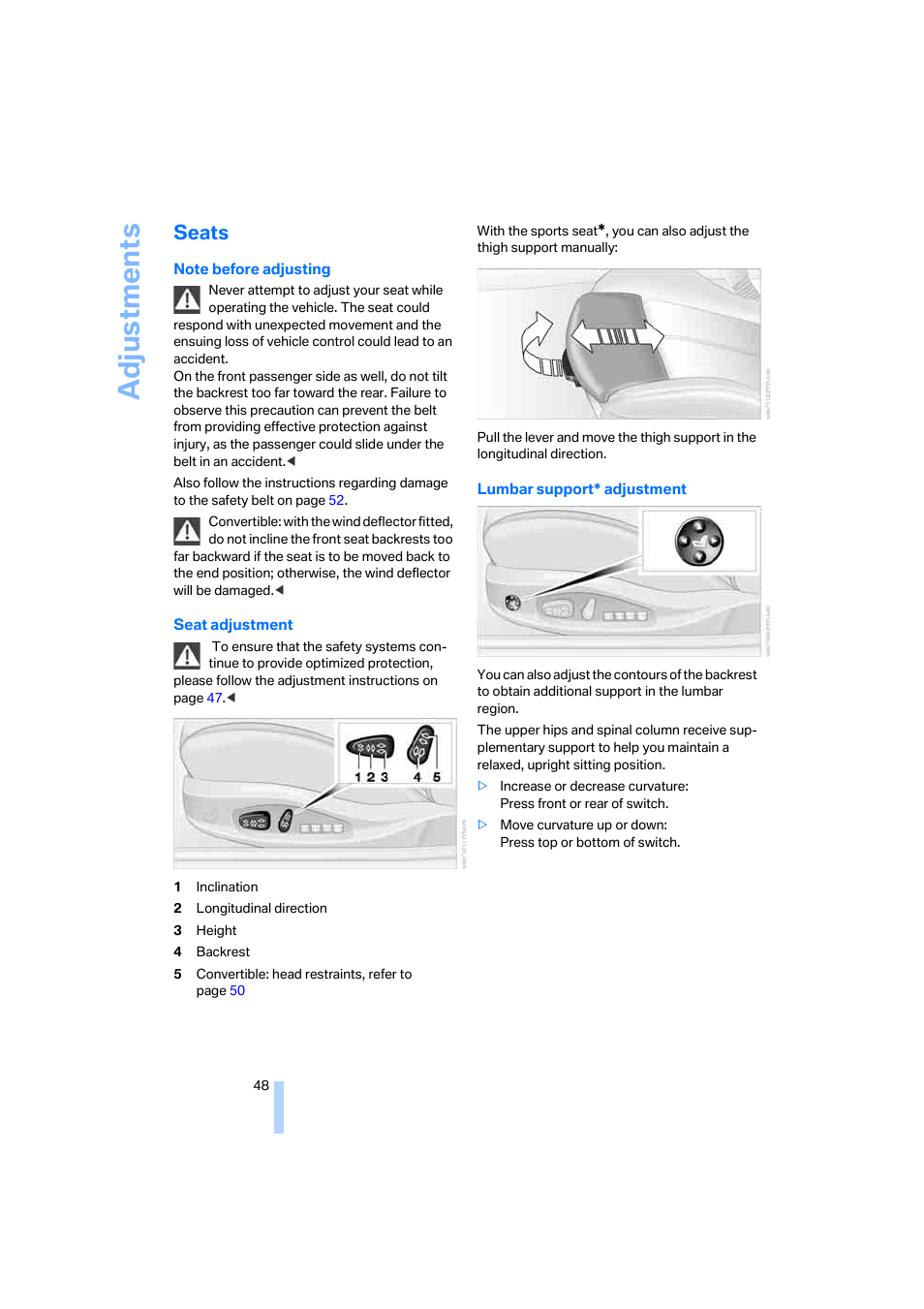 Seats, Adju stmen ts | BMW 650i Coupe 2006 User Manual | Page 49 / 236