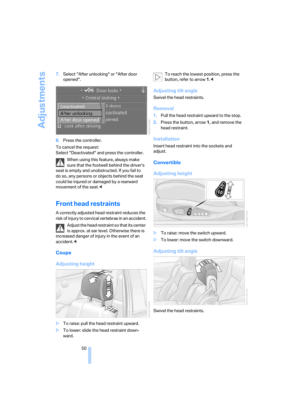 Front head restraints, Adju stmen ts | BMW 650i Coupe 2006 User Manual | Page 51 / 236