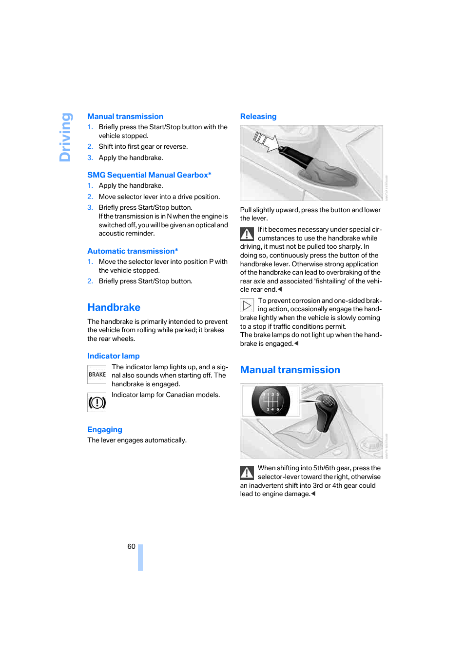 Handbrake, Manual transmission, E set | Driving | BMW 650i Coupe 2006 User Manual | Page 61 / 236