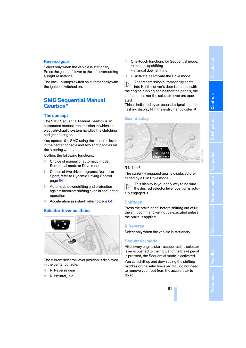 Smg sequential manual gearbox | BMW 650i Coupe 2006 User Manual | Page 62 / 236