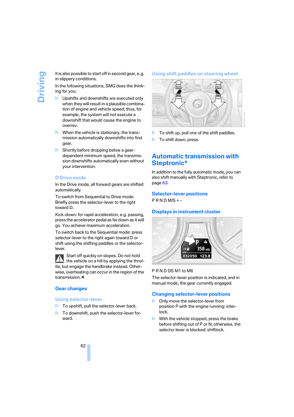 Automatic transmission with steptronic, Driving | BMW 650i Coupe 2006 User Manual | Page 63 / 236