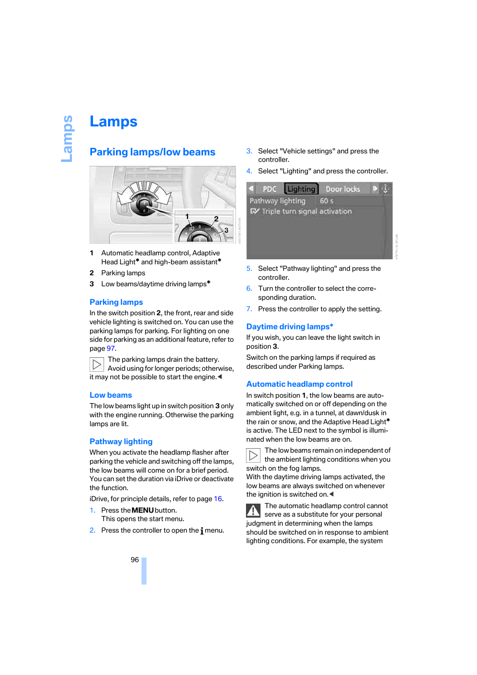 Lamps, Parking lamps/low beams, La mp s | BMW 650i Coupe 2006 User Manual | Page 97 / 236