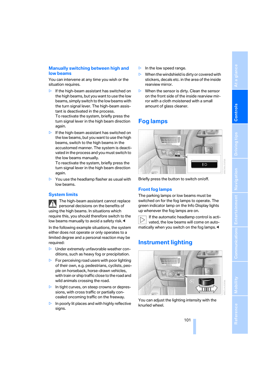 Fog lamps, Instrument lighting | BMW 750i Sedan 2006 User Manual | Page 103 / 247