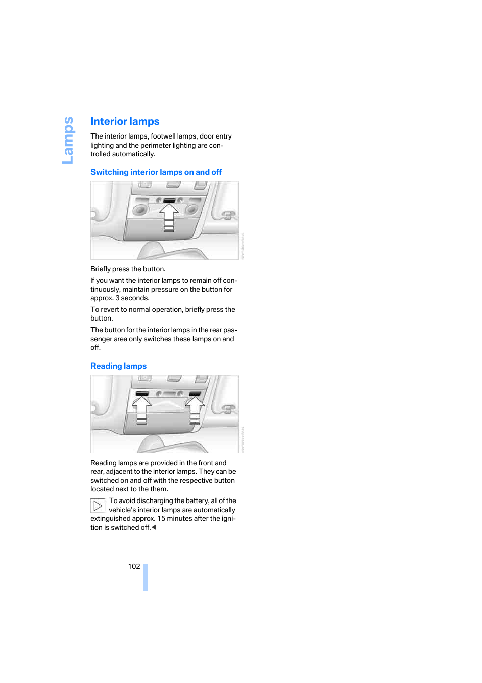 Interior lamps, La mp s | BMW 750i Sedan 2006 User Manual | Page 104 / 247