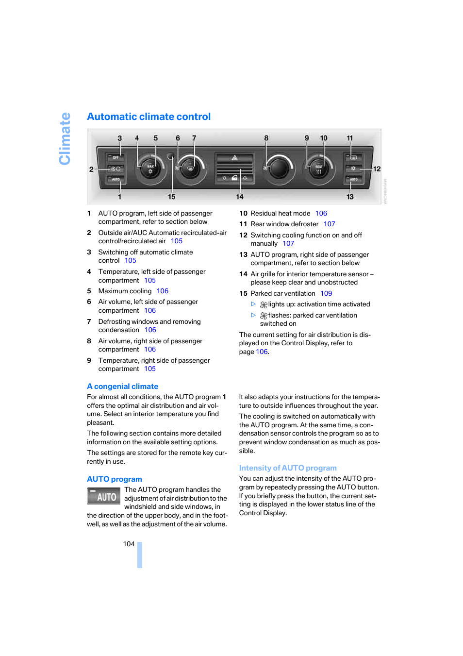 Automatic climate control, Tment, Intensity of auto program | Climate | BMW 750i Sedan 2006 User Manual | Page 106 / 247