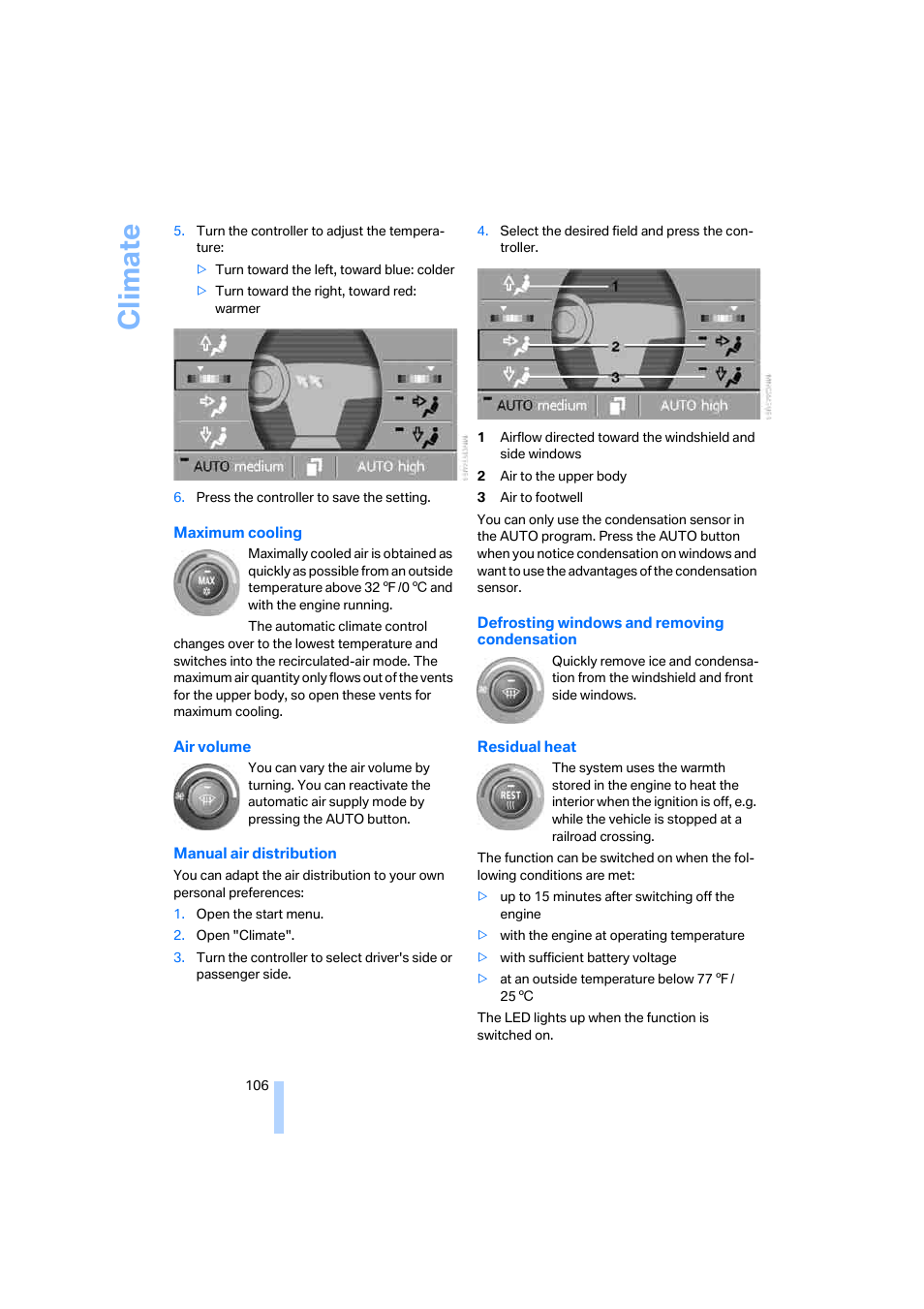 Defrosting windows and removing, Condensation, Climate | BMW 750i Sedan 2006 User Manual | Page 108 / 247