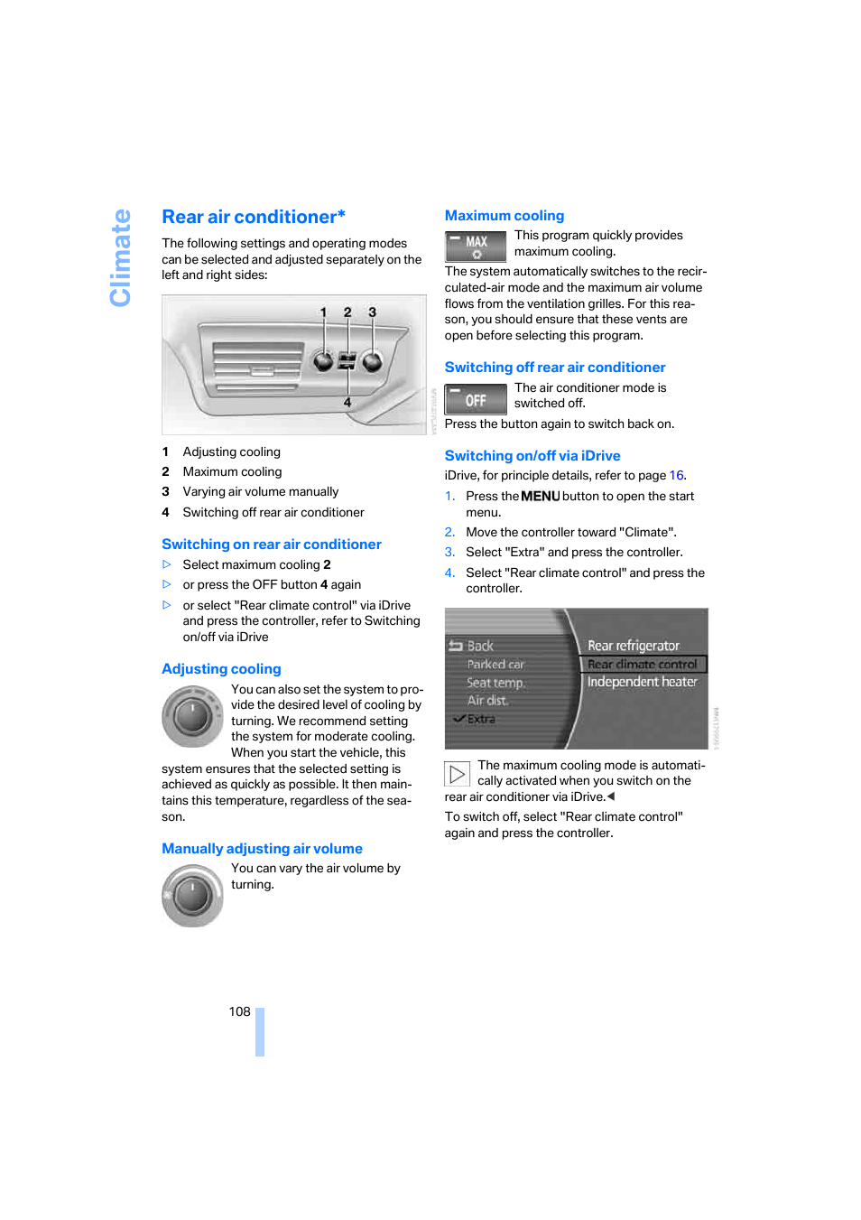 Rear air conditioner, Climate | BMW 750i Sedan 2006 User Manual | Page 110 / 247