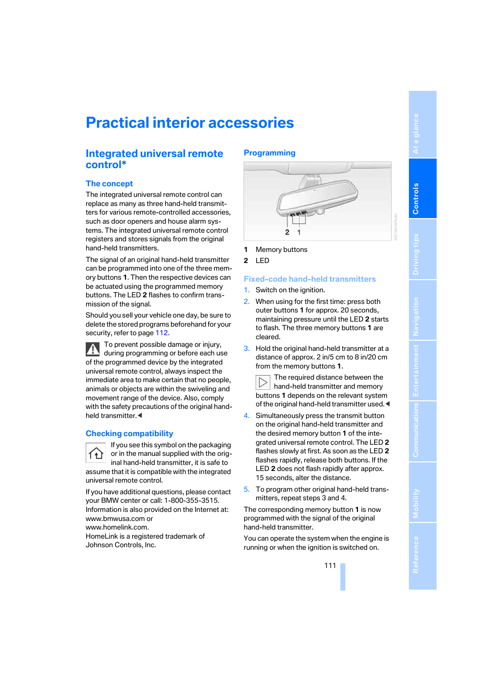 Practical interior accessories, Integrated universal remote control | BMW 750i Sedan 2006 User Manual | Page 113 / 247