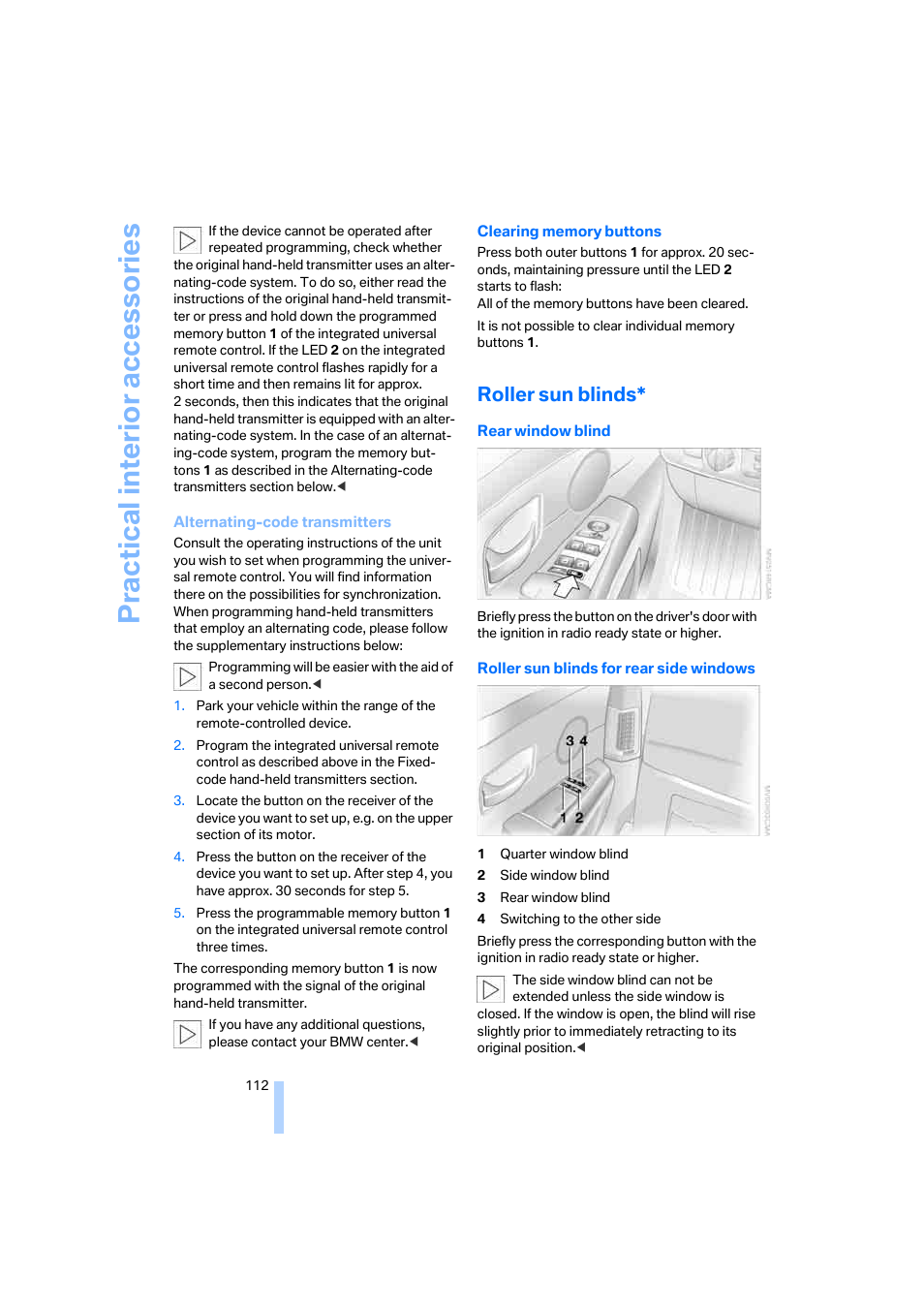 Roller sun blinds, Practical interi or acc ess orie s | BMW 750i Sedan 2006 User Manual | Page 114 / 247