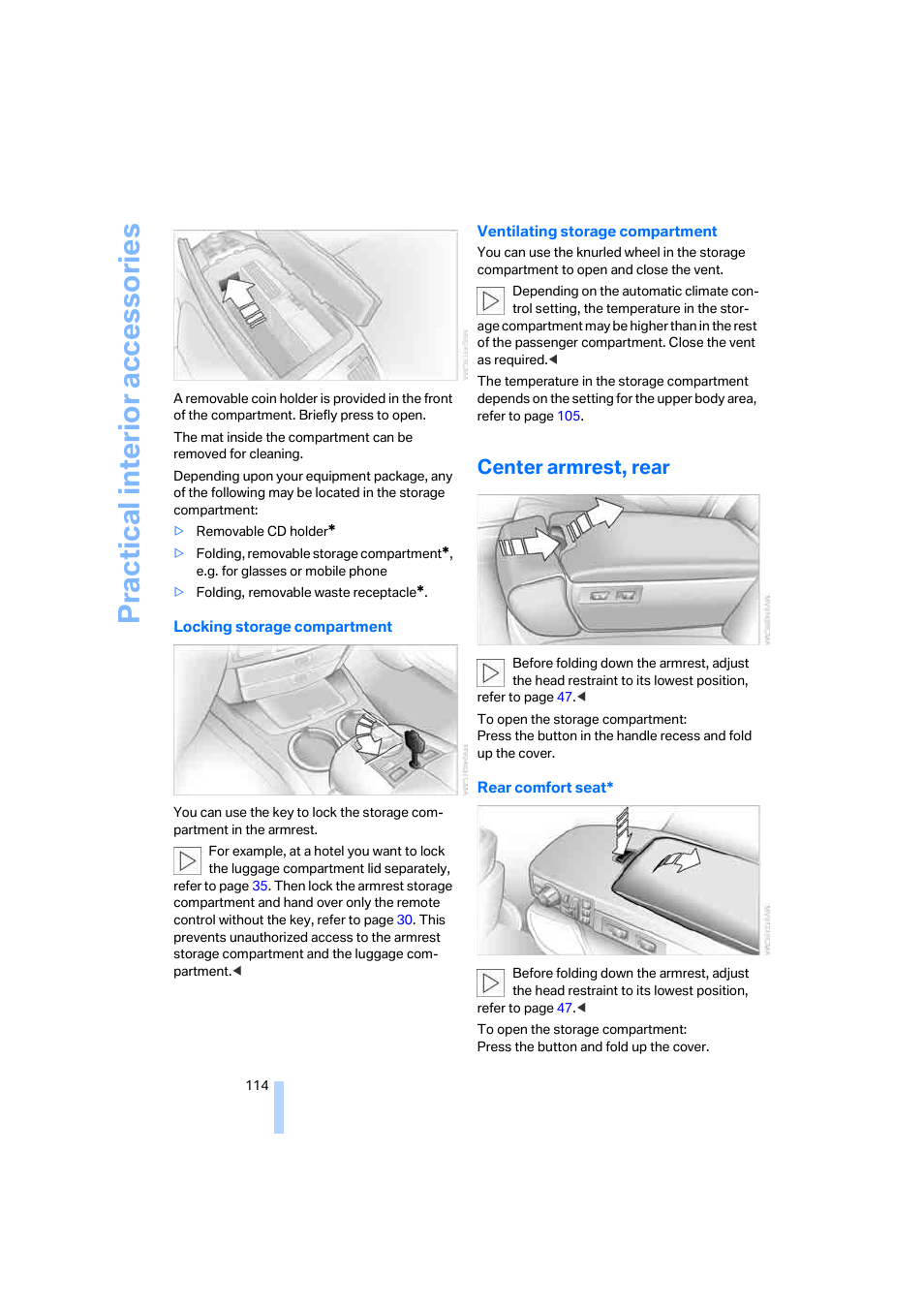 Center armrest, rear, Practical interi or acc ess orie s | BMW 750i Sedan 2006 User Manual | Page 116 / 247