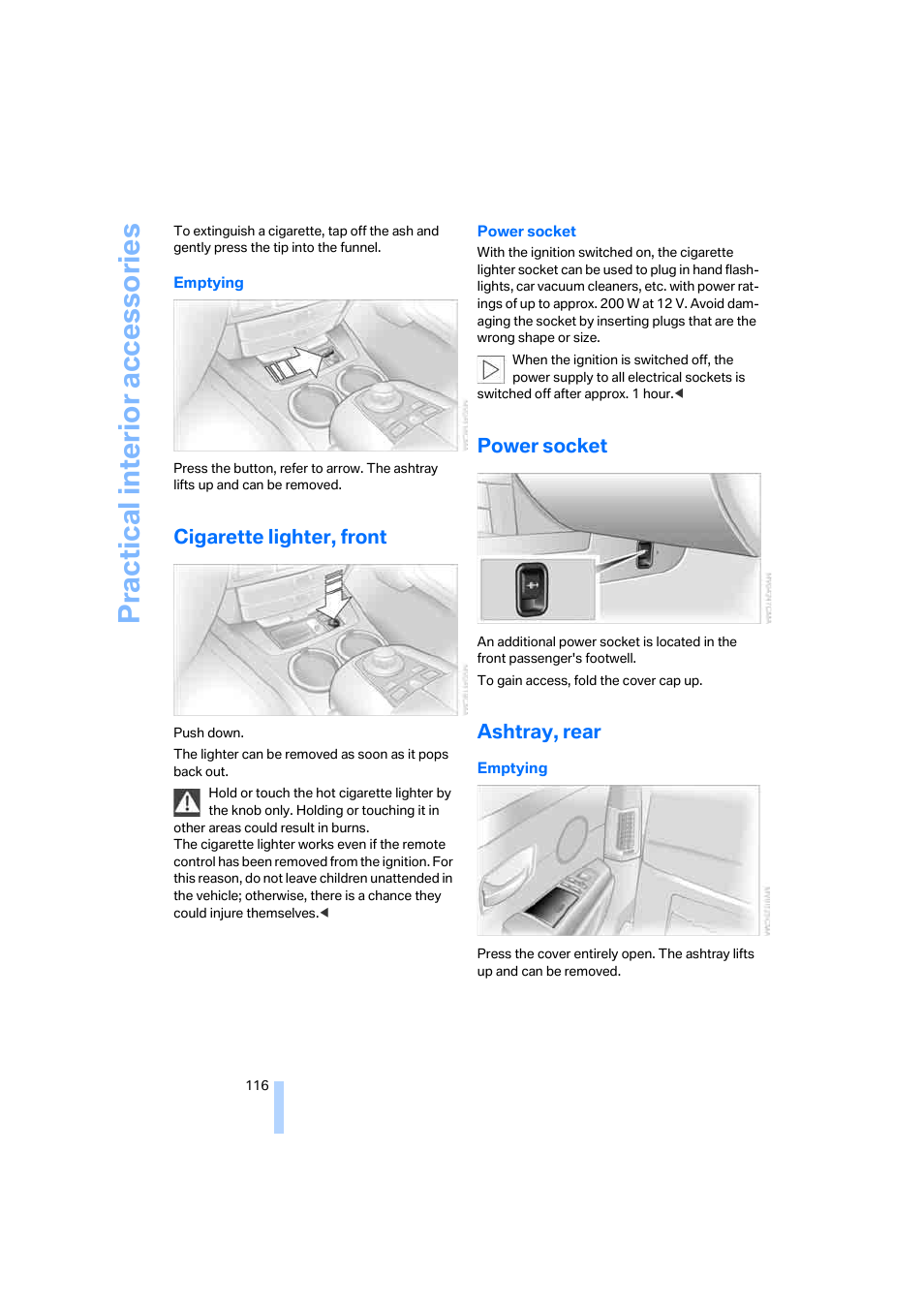 Cigarette lighter, front, Power socket, Ashtray, rear | Practical interi or acc ess orie s | BMW 750i Sedan 2006 User Manual | Page 118 / 247