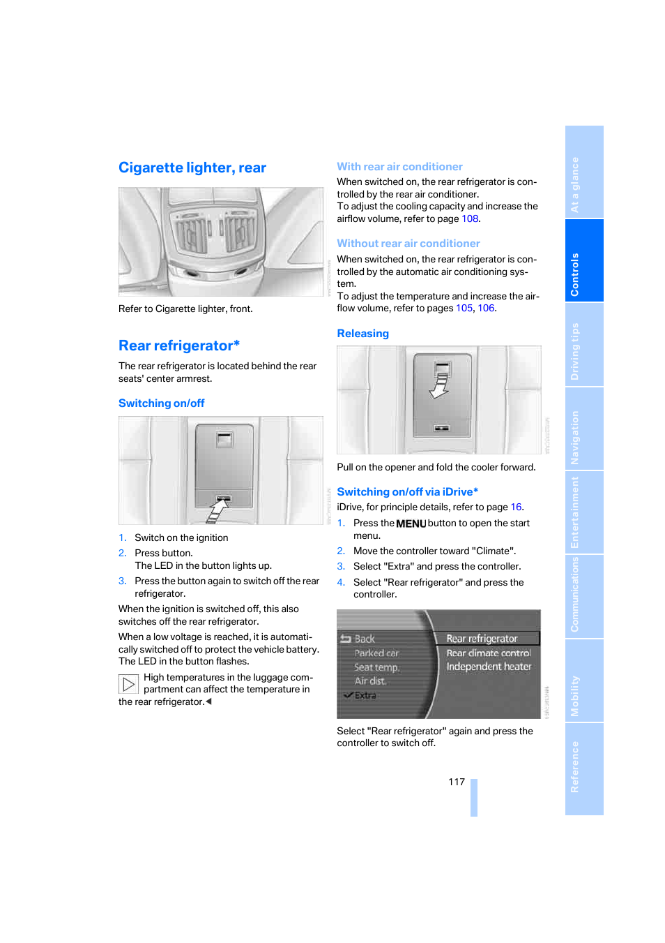 Cigarette lighter, rear, Rear refrigerator | BMW 750i Sedan 2006 User Manual | Page 119 / 247