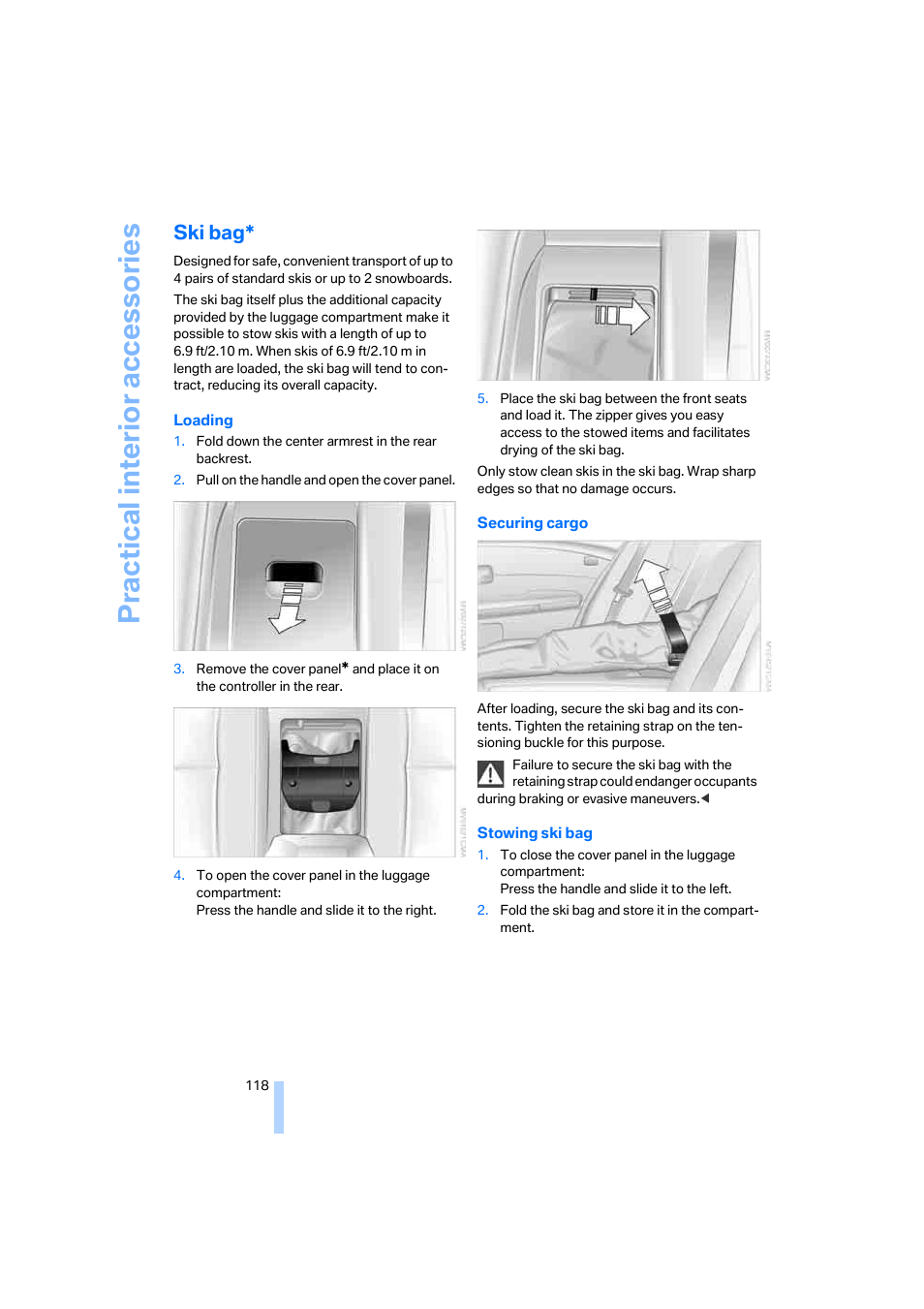 Ski bag, Practical interi or acc ess orie s | BMW 750i Sedan 2006 User Manual | Page 120 / 247