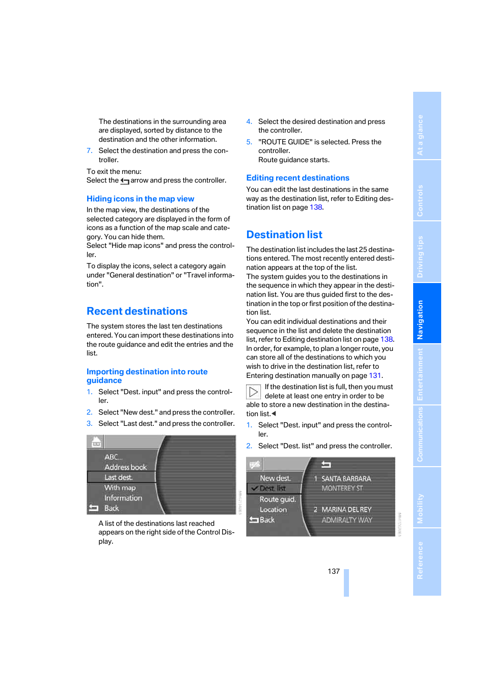 Recent destinations, Destination list | BMW 750i Sedan 2006 User Manual | Page 139 / 247