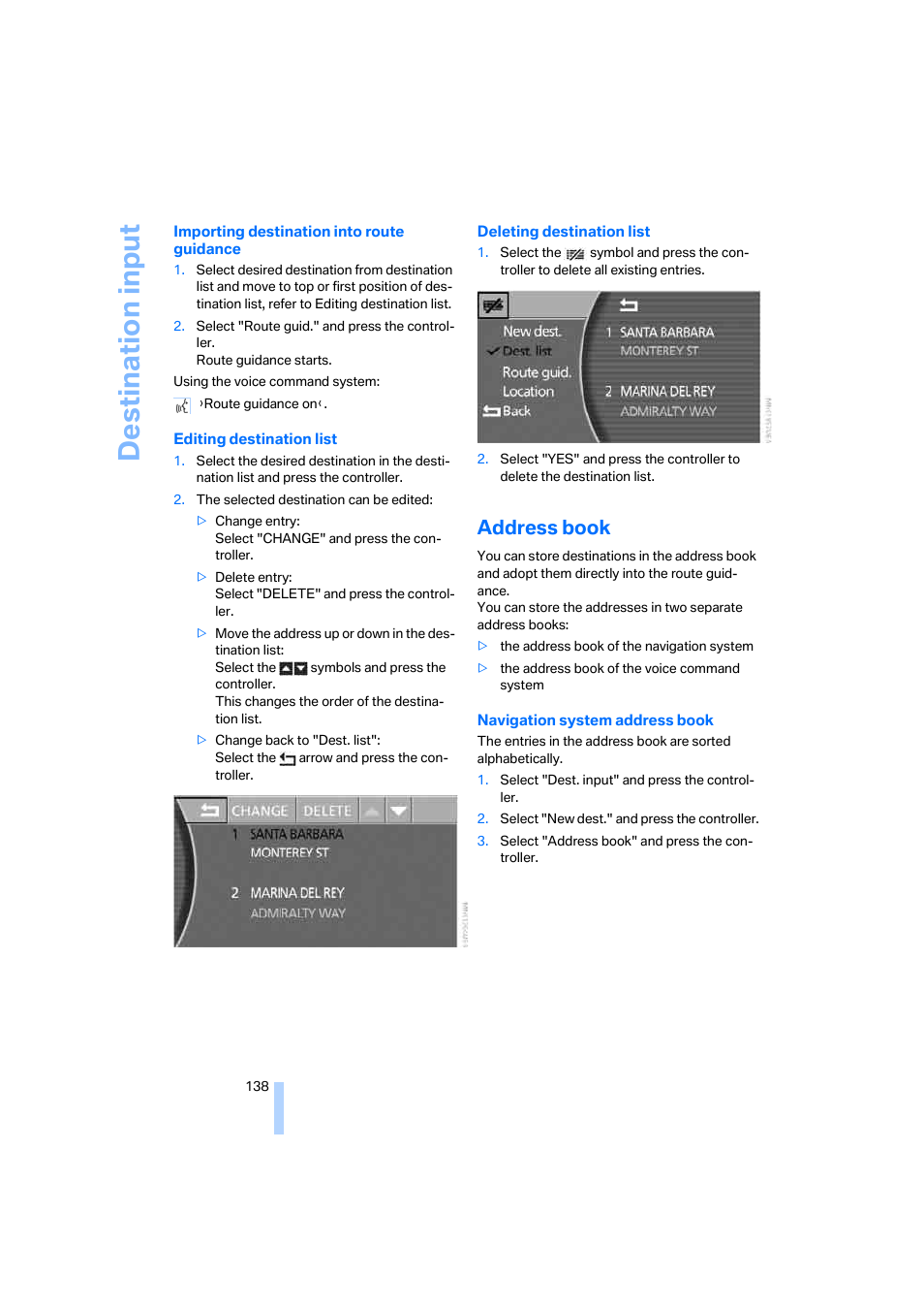 Address book, Destina tion input | BMW 750i Sedan 2006 User Manual | Page 140 / 247