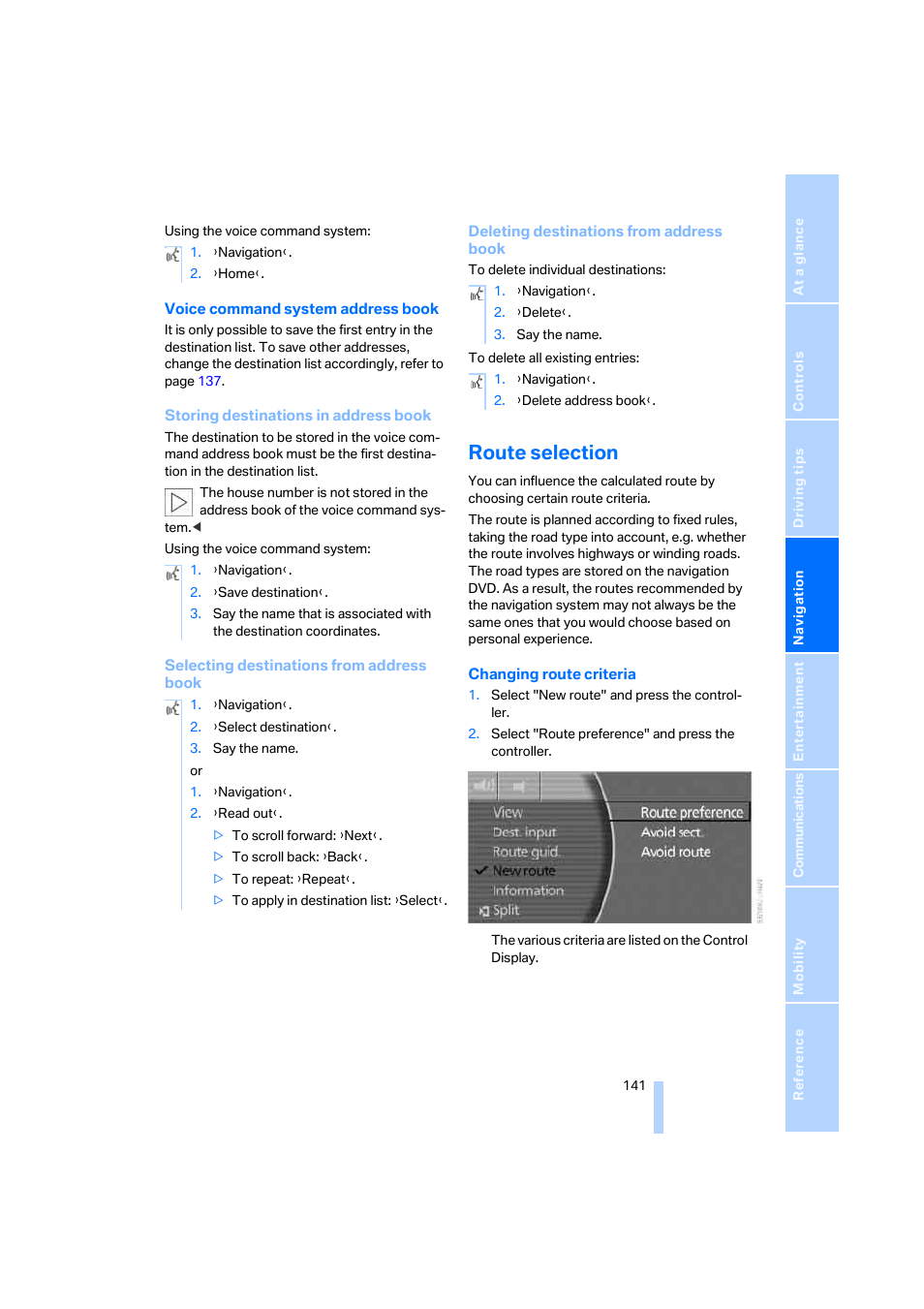 Route selection | BMW 750i Sedan 2006 User Manual | Page 143 / 247