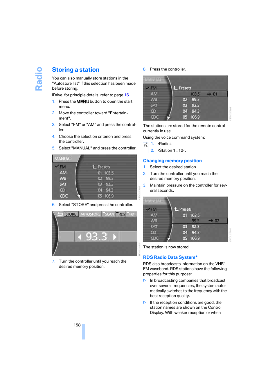 Storing a station, Ra di o | BMW 750i Sedan 2006 User Manual | Page 160 / 247