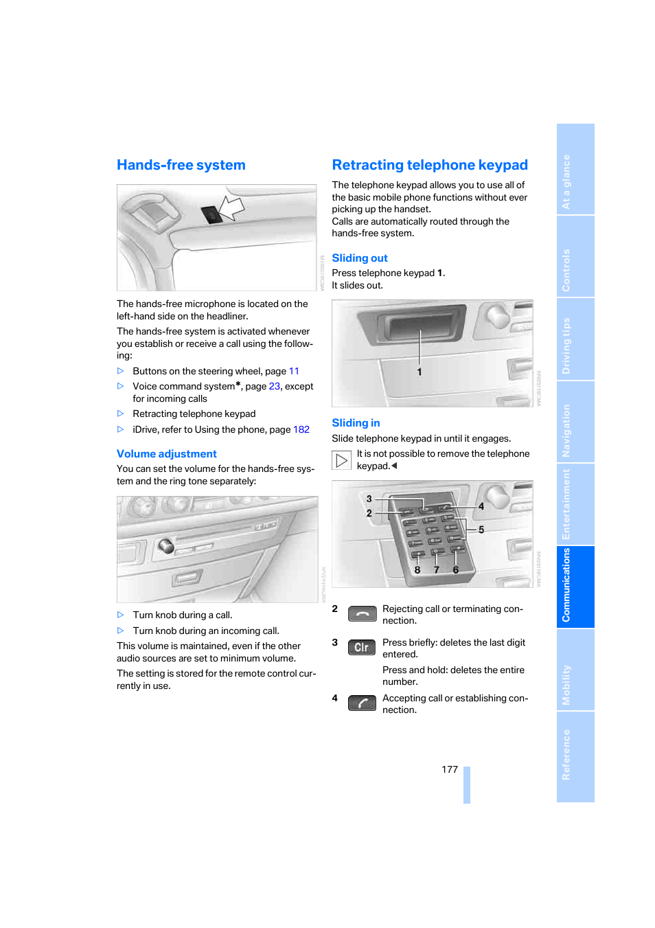 Hands-free system, Retracting telephone keypad | BMW 750i Sedan 2006 User Manual | Page 179 / 247