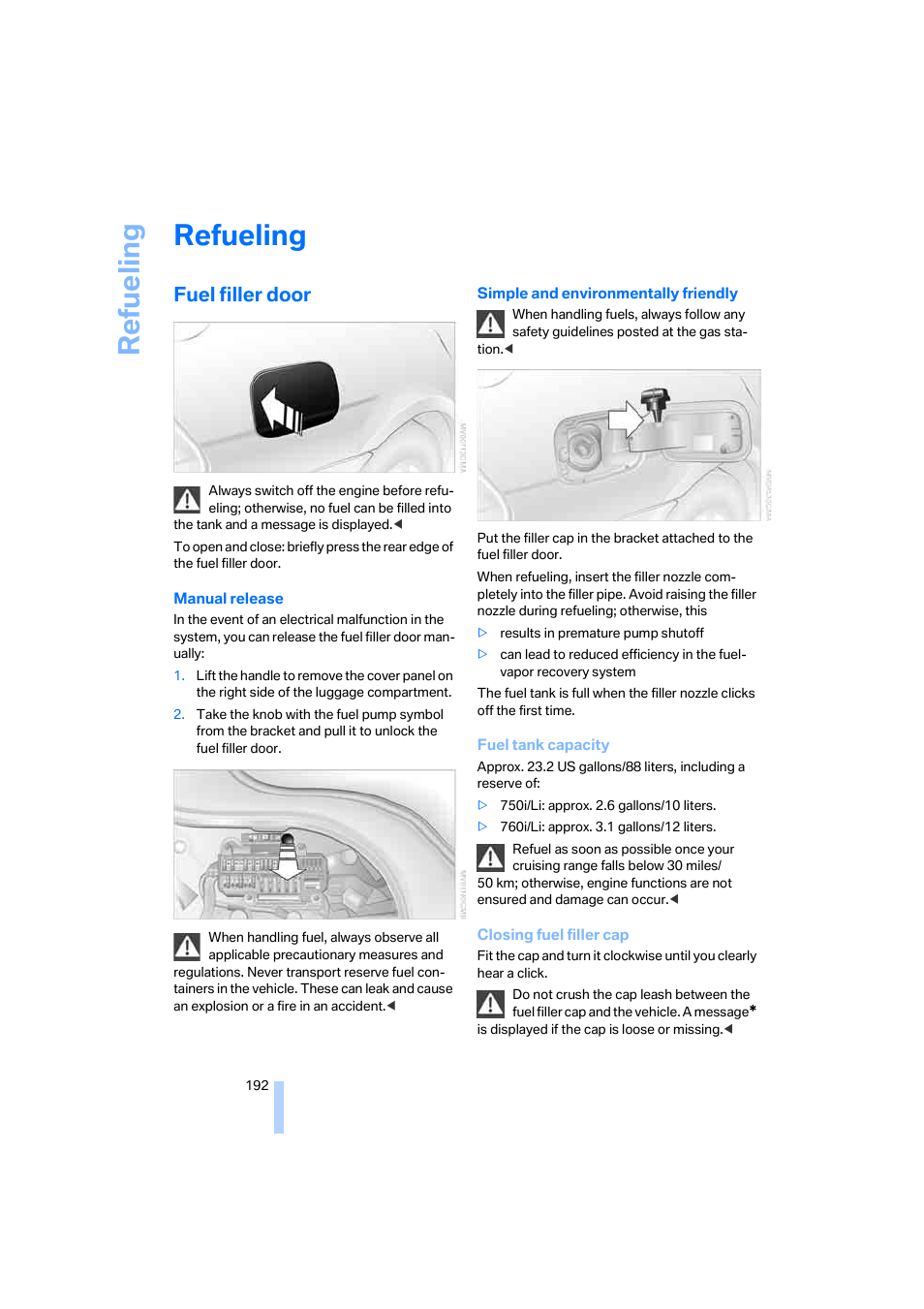 Refueling, Fuel filler door, Lity | Re fueling | BMW 750i Sedan 2006 User Manual | Page 194 / 247