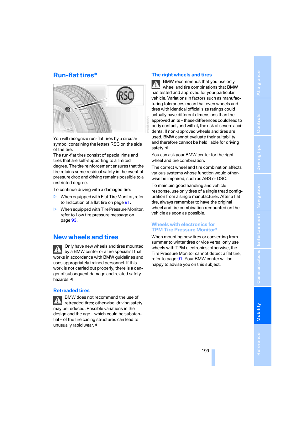 Run-flat tires, New wheels and tires | BMW 750i Sedan 2006 User Manual | Page 201 / 247