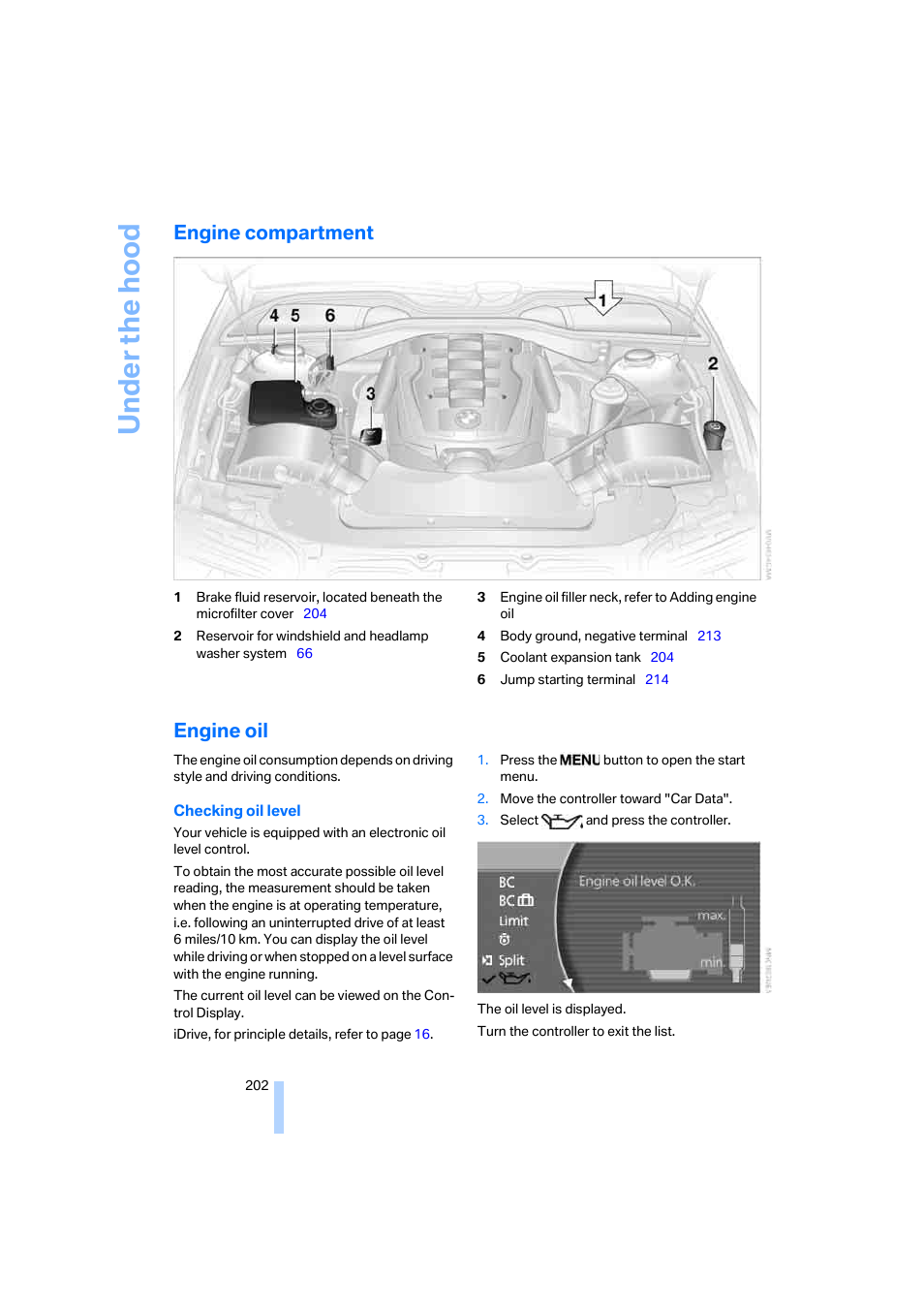 Engine compartment, Engine oil | BMW 750i Sedan 2006 User Manual | Page 204 / 247