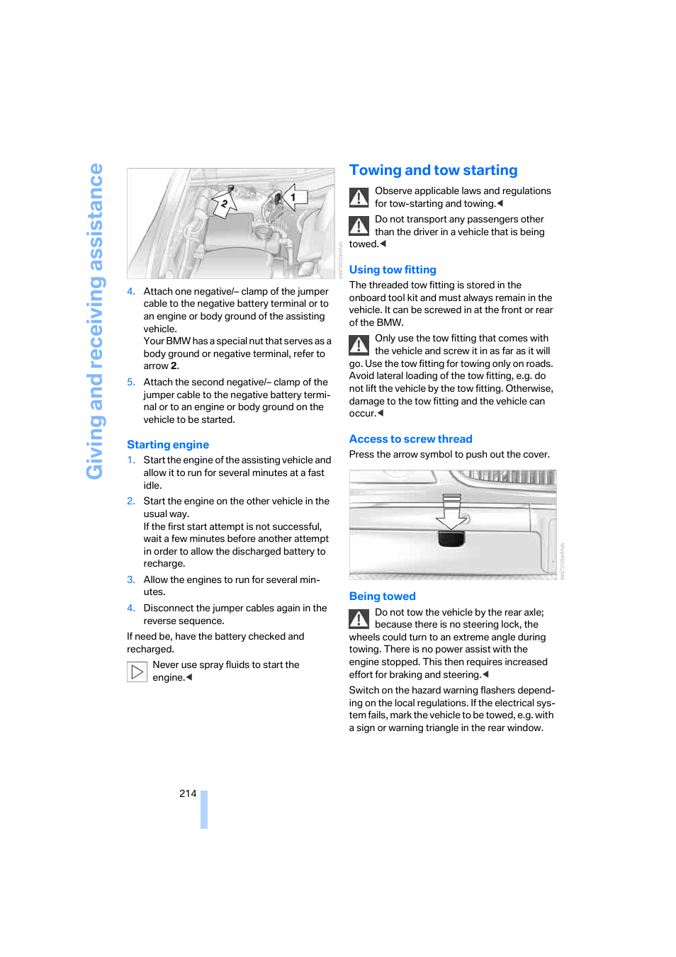 Towing and tow starting, Giving and receiv ing as sistance | BMW 750i Sedan 2006 User Manual | Page 216 / 247