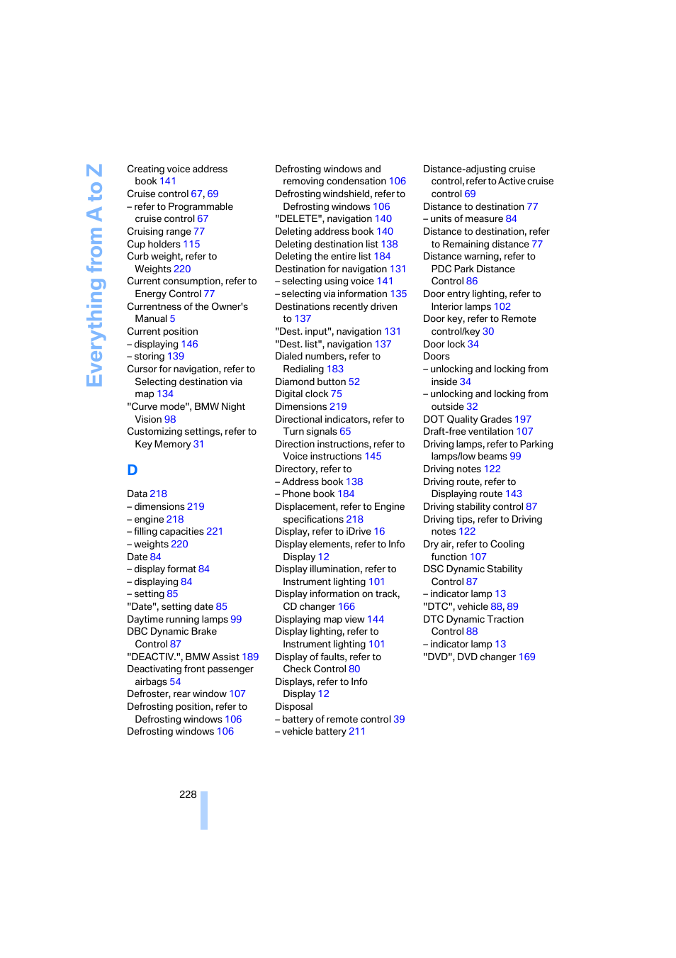 Everything from a to z | BMW 750i Sedan 2006 User Manual | Page 230 / 247