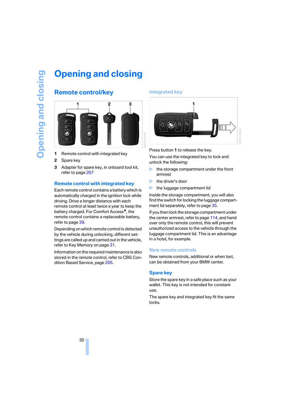 Opening and closing, Remote control/key | BMW 750i Sedan 2006 User Manual | Page 32 / 247