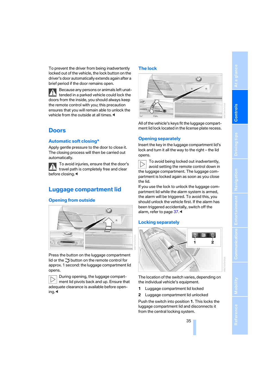 Doors, Luggage compartment lid | BMW 750i Sedan 2006 User Manual | Page 37 / 247