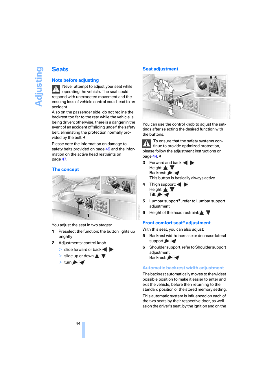 Seats, Adju sting | BMW 750i Sedan 2006 User Manual | Page 46 / 247