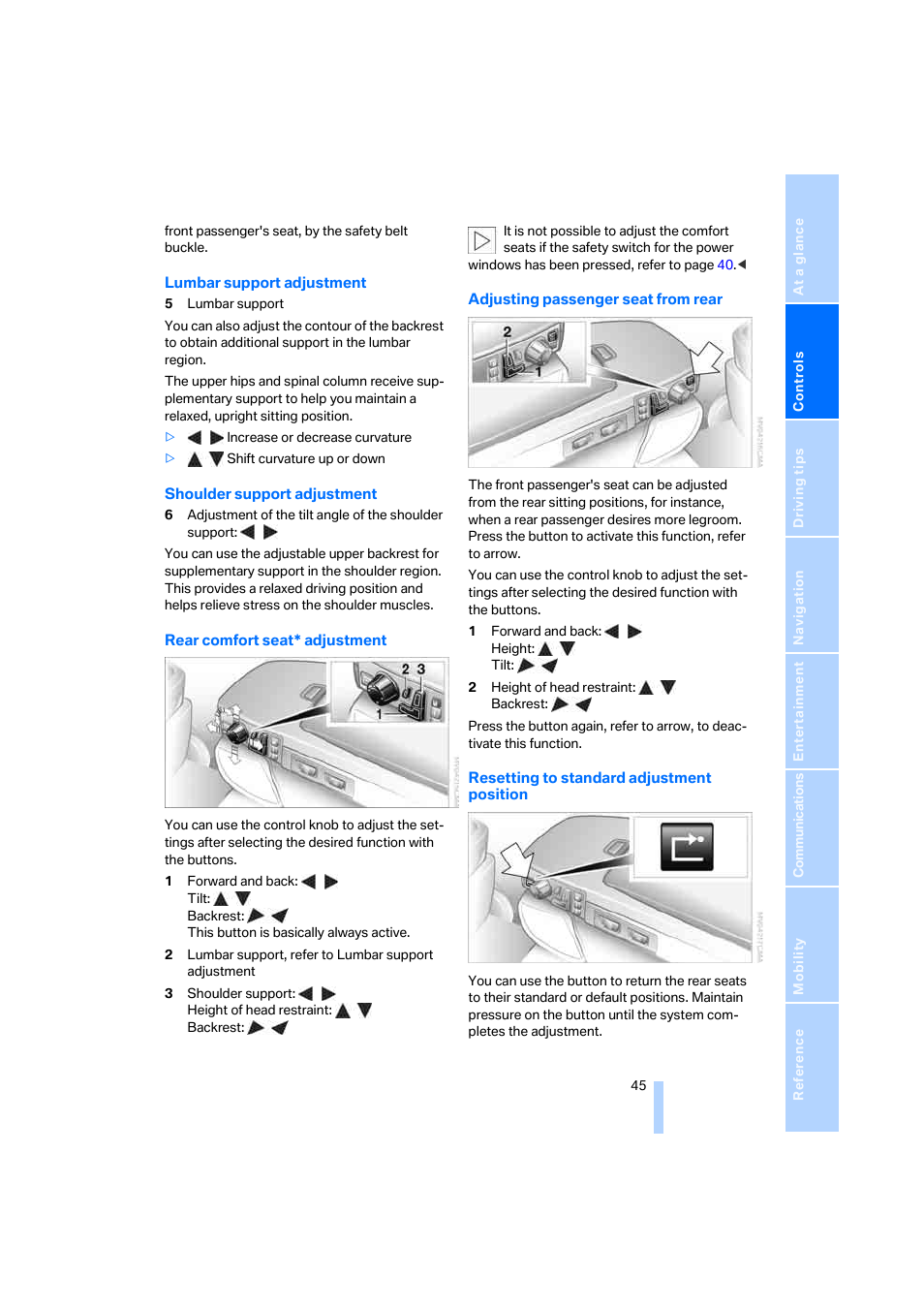 Lumbar support, Adjustment, Shoulder support | BMW 750i Sedan 2006 User Manual | Page 47 / 247