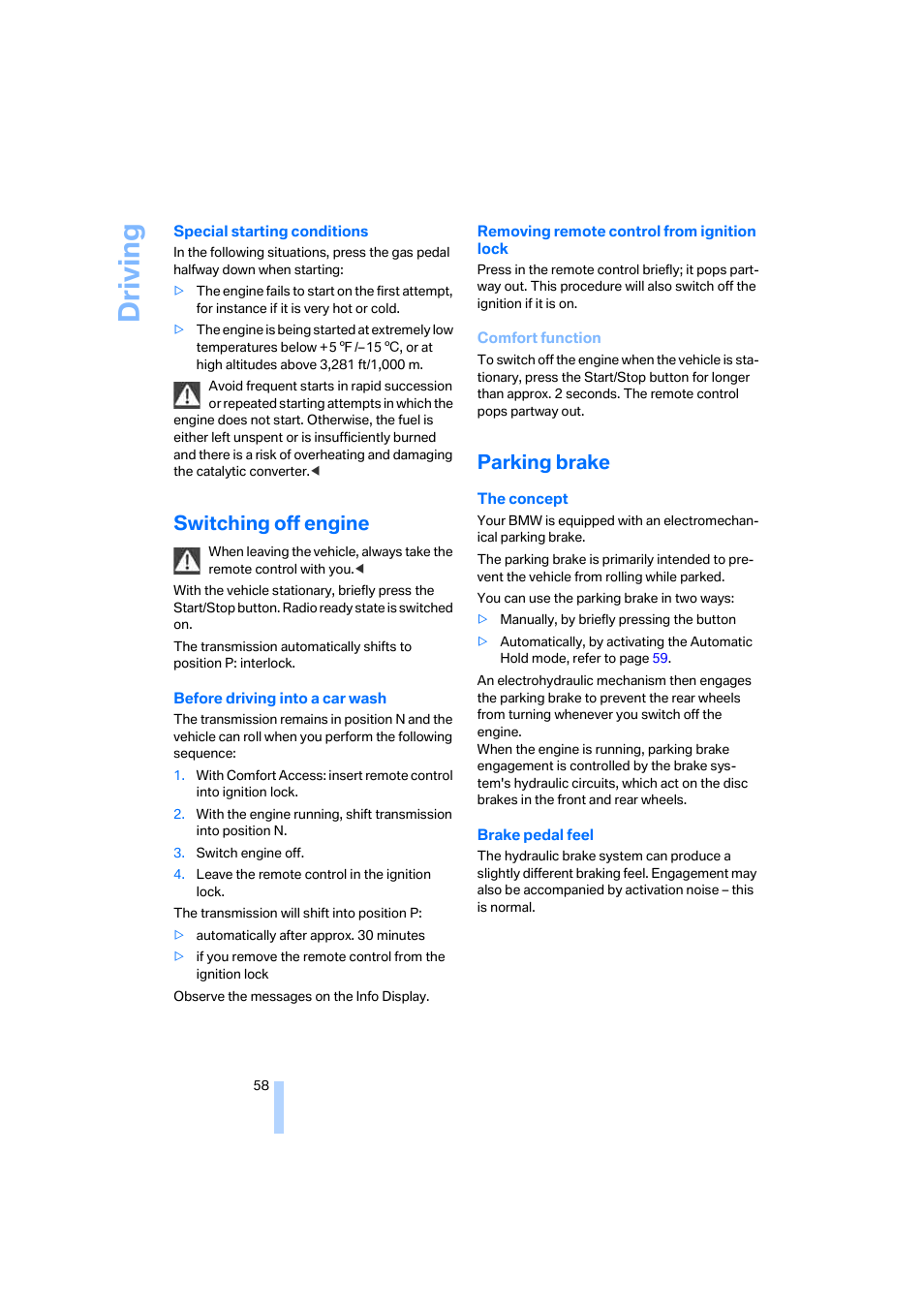 Switching off engine, Parking brake, Driving | BMW 750i Sedan 2006 User Manual | Page 60 / 247