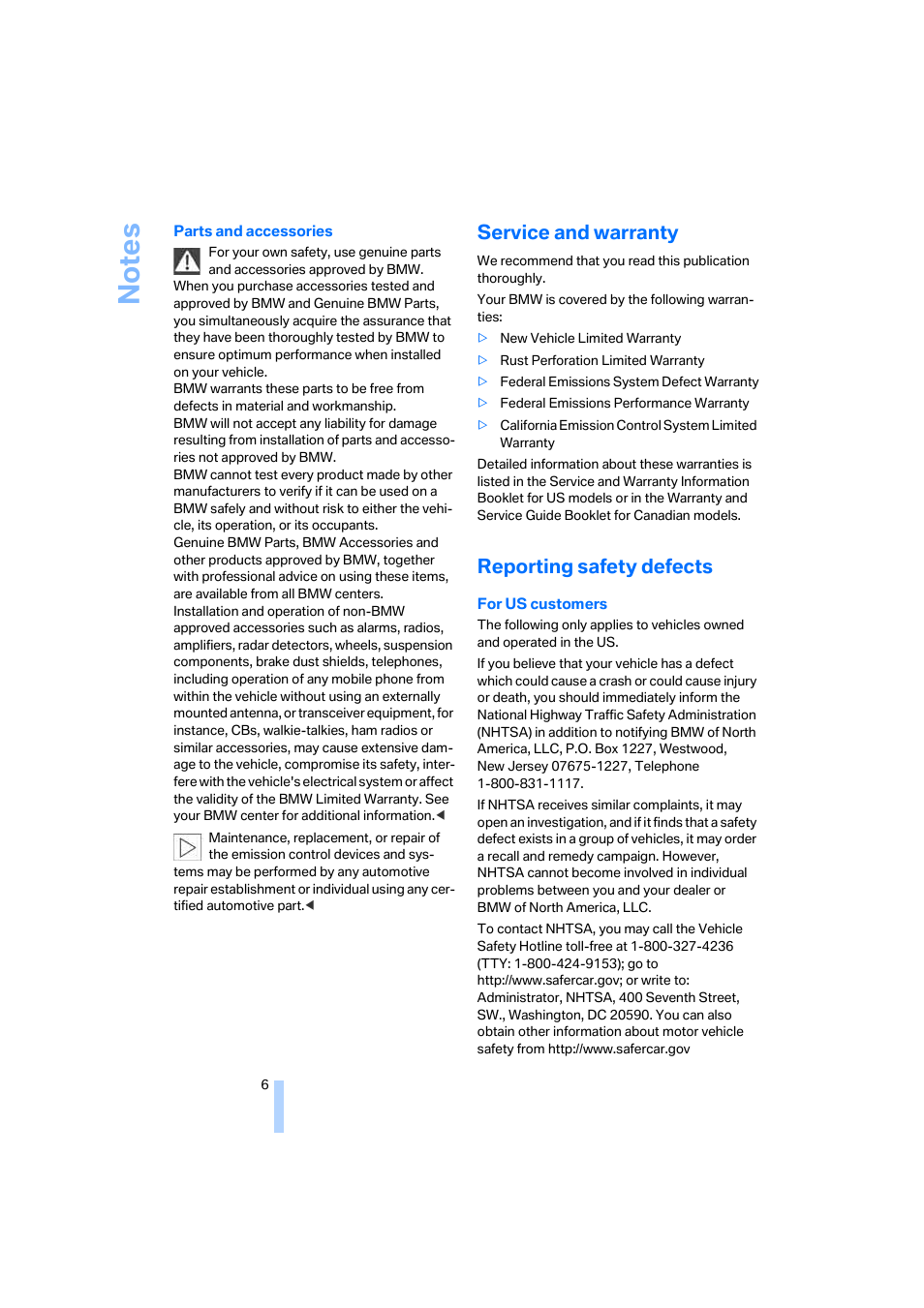 Service and warranty, Reporting safety defects | BMW 750i Sedan 2006 User Manual | Page 8 / 247