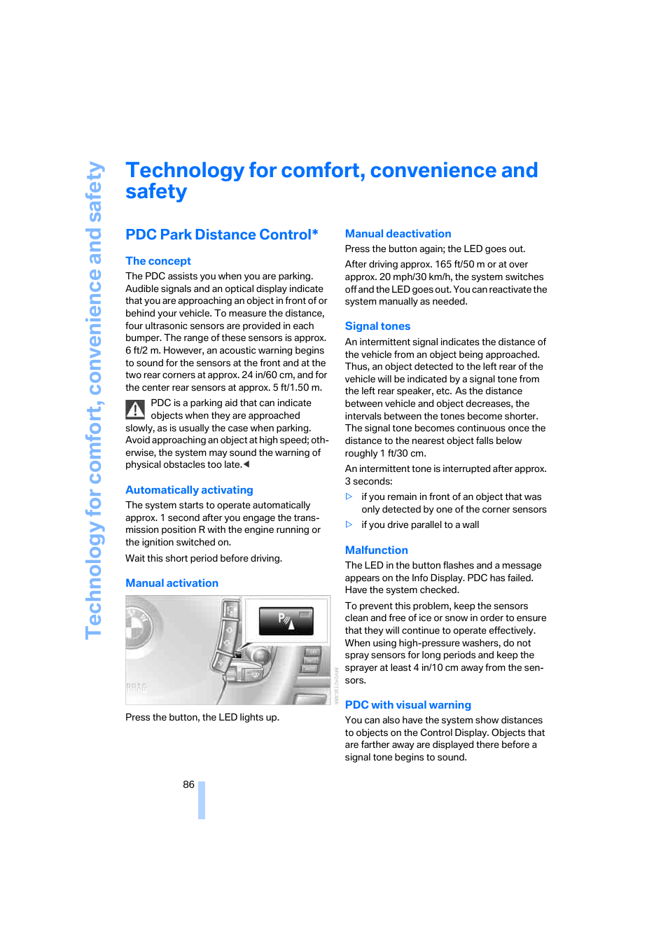 Technology for comfort, convenience and safety, Pdc park distance control | BMW 750i Sedan 2006 User Manual | Page 88 / 247