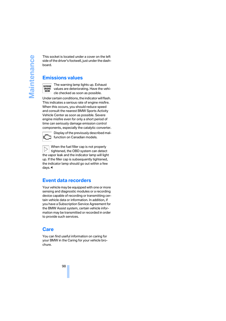 Emissions values, Event data recorders, Care | Maintenance | BMW X3 3.0i SAV 2006 User Manual | Page 100 / 133