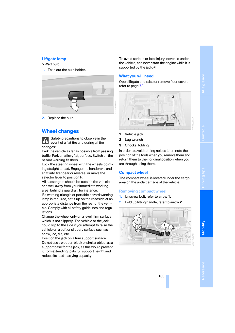 Wheel changes | BMW X3 3.0i SAV 2006 User Manual | Page 105 / 133