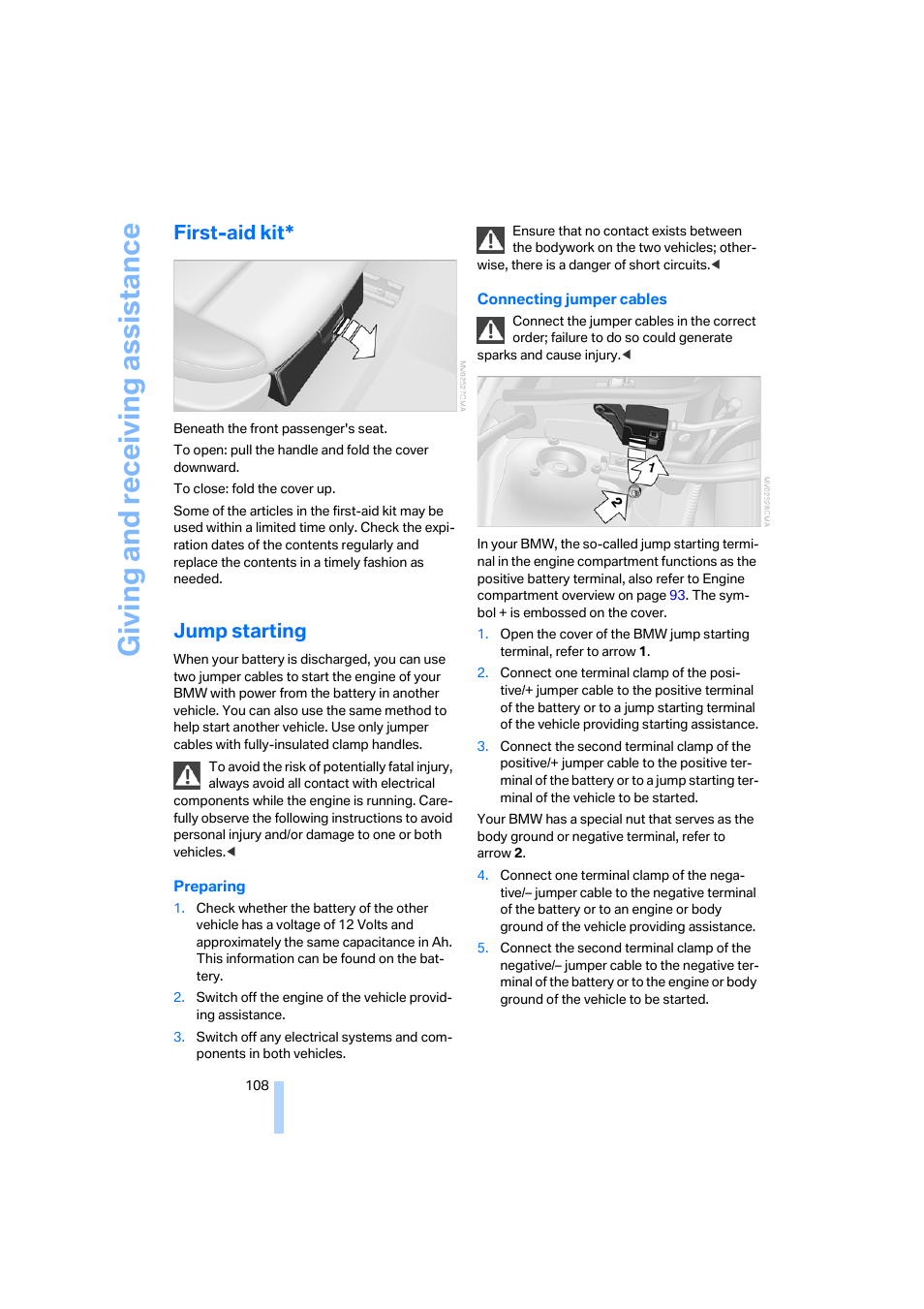 First-aid kit, Jump starting, Giving and receiv ing as sistance | BMW X3 3.0i SAV 2006 User Manual | Page 110 / 133