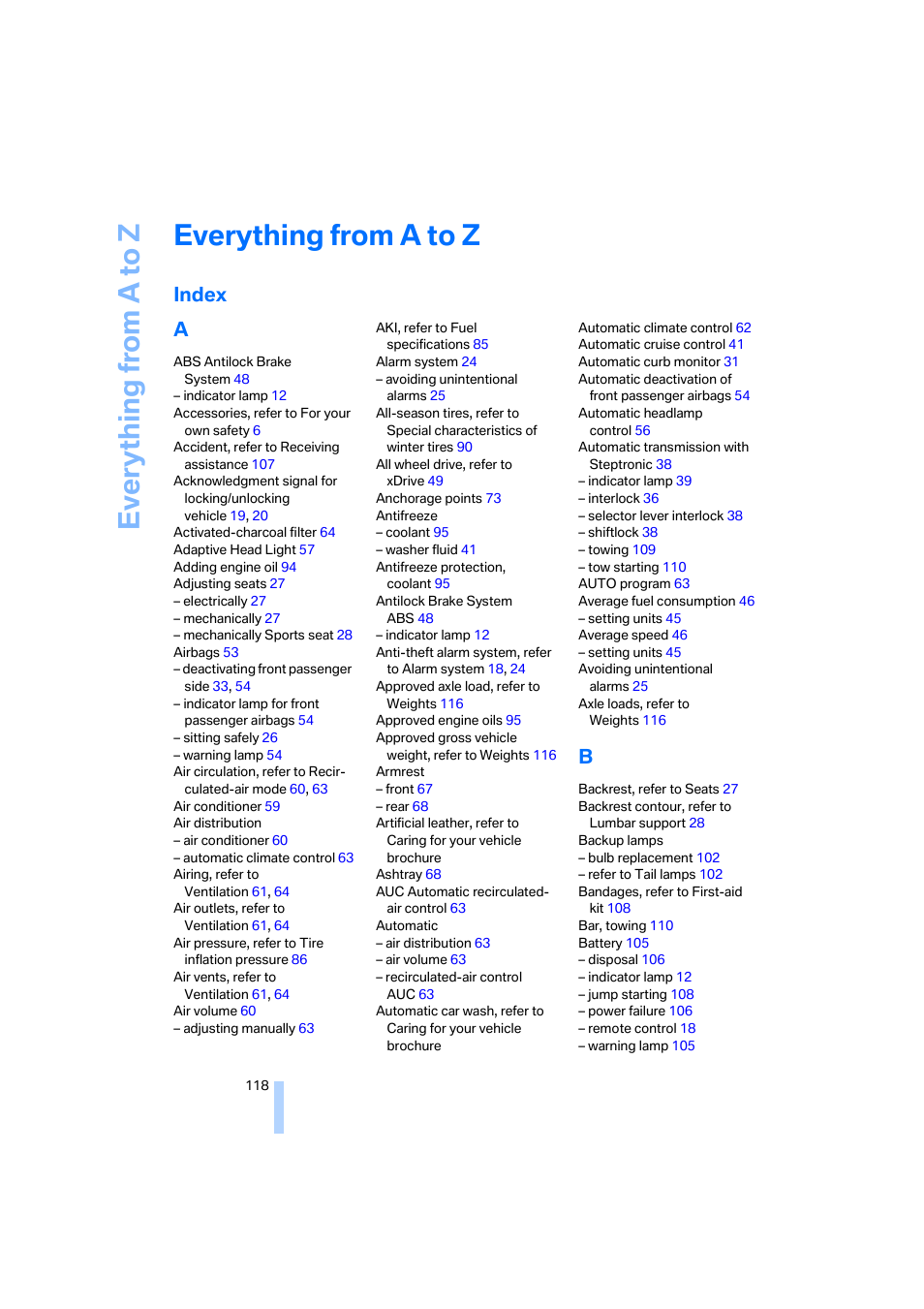 Everything from a to z, Index, Index a | BMW X3 3.0i SAV 2006 User Manual | Page 120 / 133