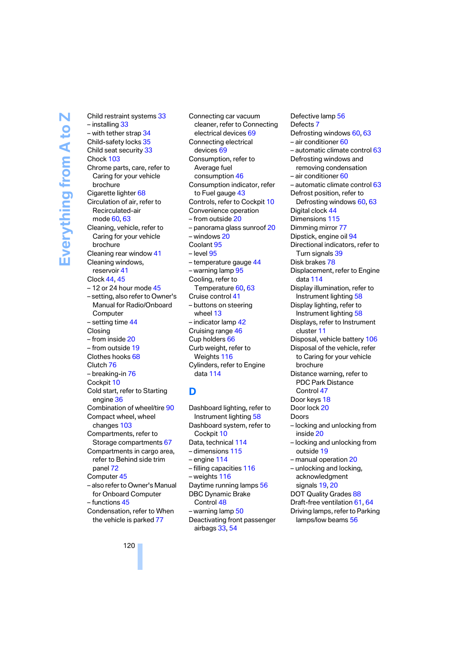 Everything from a to z | BMW X3 3.0i SAV 2006 User Manual | Page 122 / 133