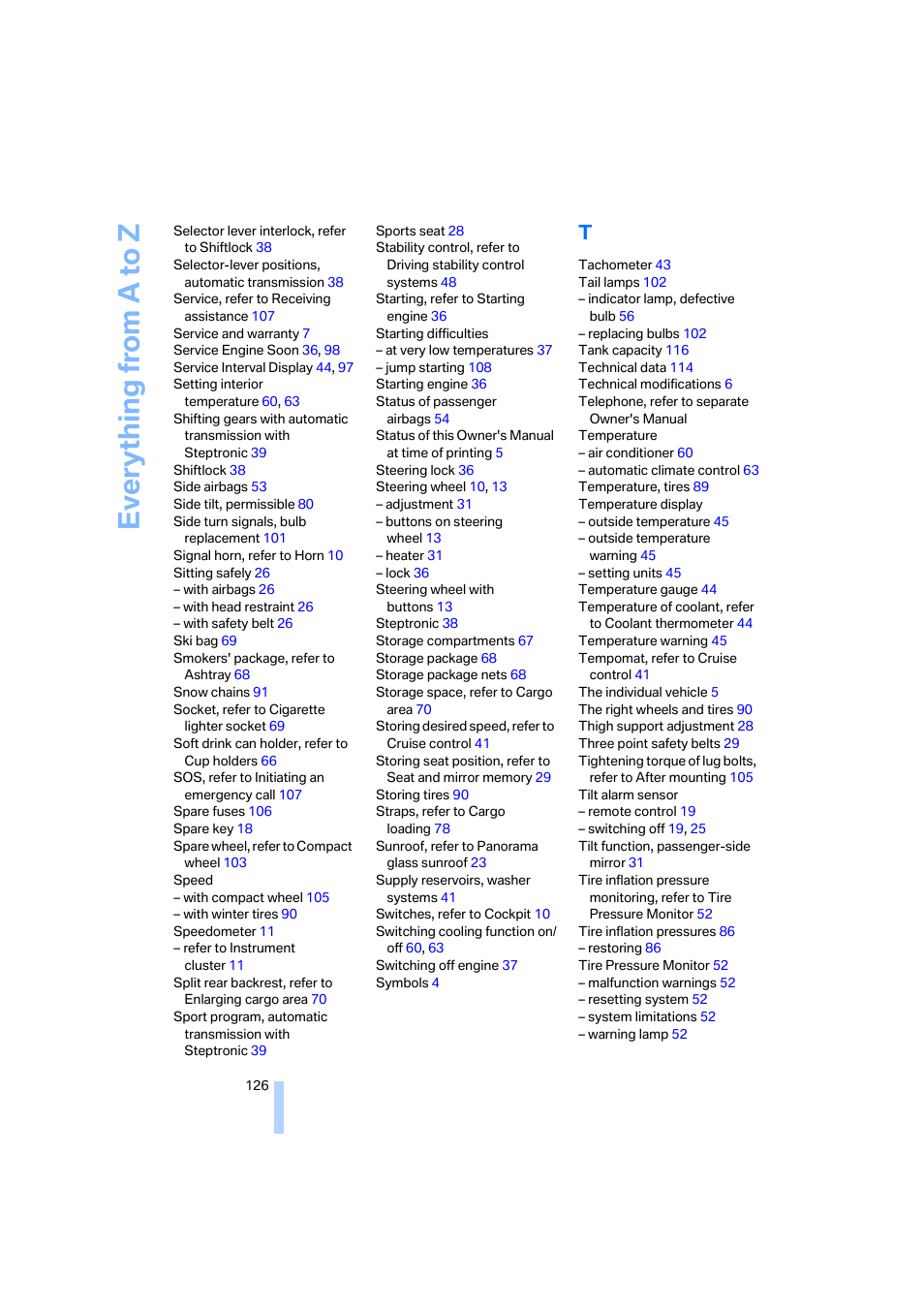 Everything from a to z | BMW X3 3.0i SAV 2006 User Manual | Page 128 / 133