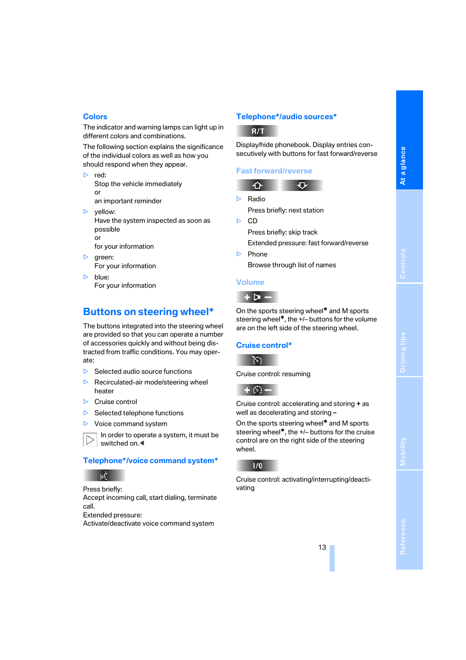 Buttons on steering wheel | BMW X3 3.0i SAV 2006 User Manual | Page 15 / 133