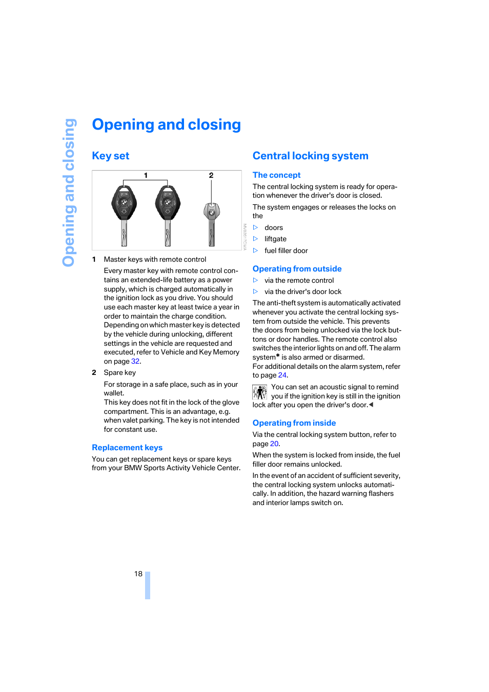 Opening and closing, Key set, Central locking system | BMW X3 3.0i SAV 2006 User Manual | Page 20 / 133